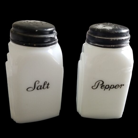 McKee Other - McKee Roman Arch White Milk Glass Salt & Pepper Shakers With Black Lids Vintage